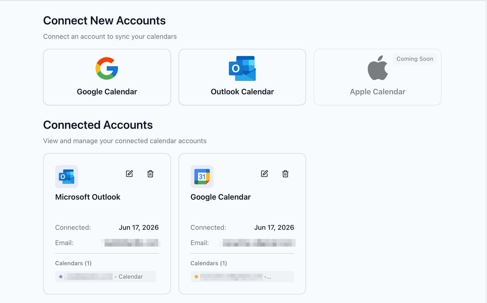 Accounts page with imported calendars