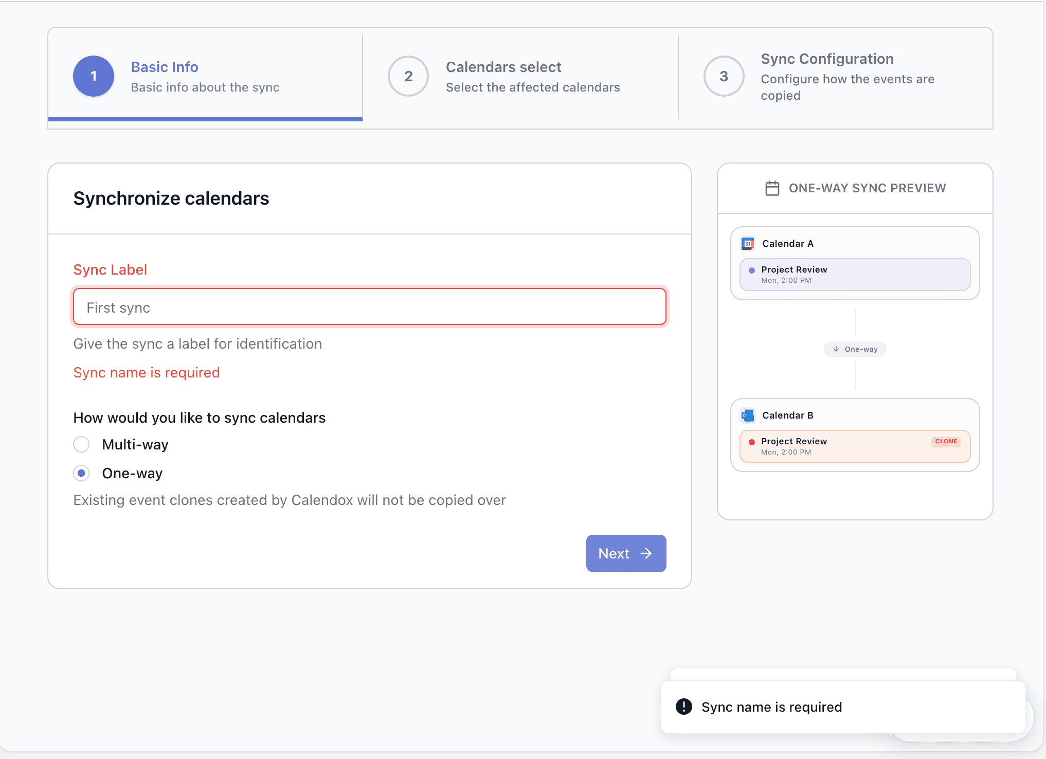 Create sync — Step 3: configure sync properties